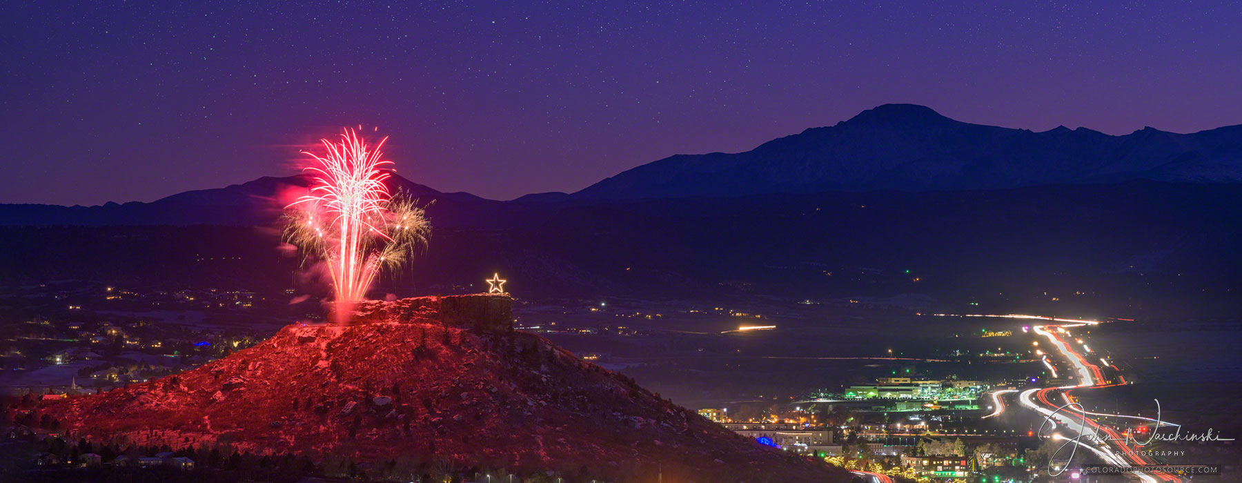 Photos of Castle Rock Colorado Starlighting Fireworks with Pikes Peak