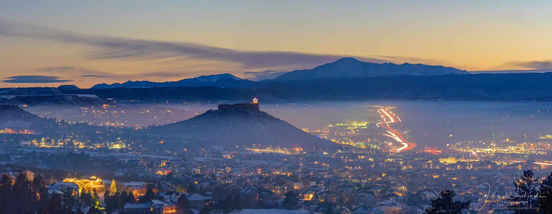 Twilight Photo of Castle Rock Star with Low Lying Fog in Valley