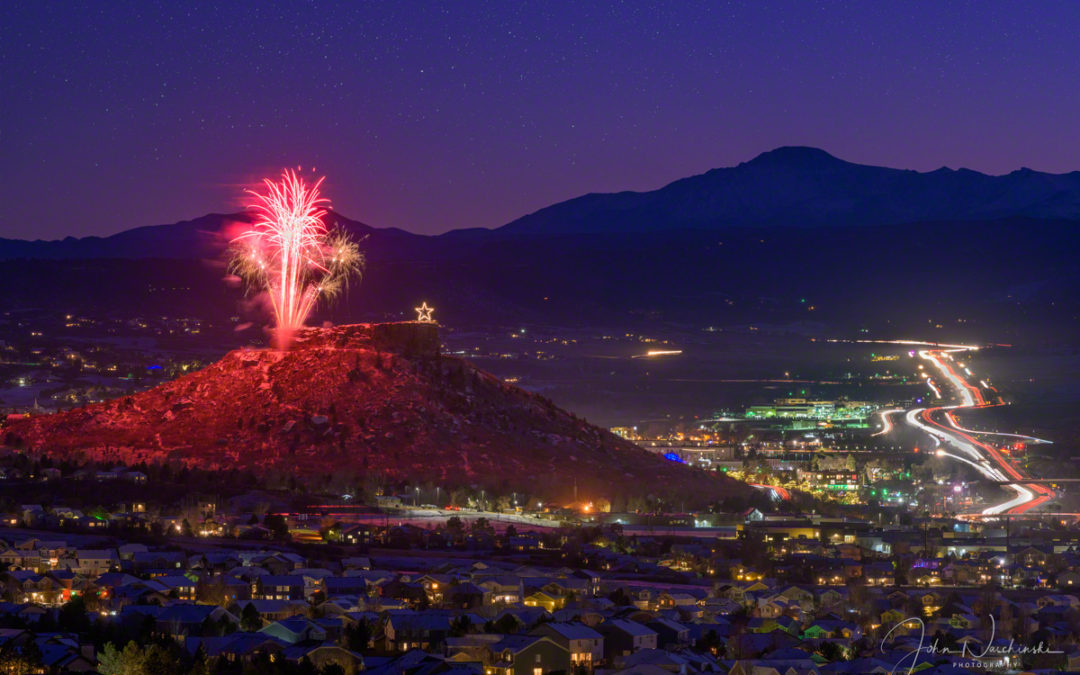 Photos of Castle Rock Colorado Starlighting Fireworks with Pikes Peak