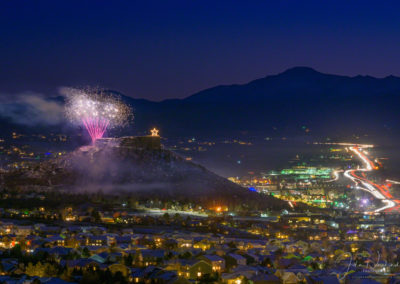 Fireworks over Castle Rock Colorado with Majestic Pikes Peak in Background at the Annual Starlighting Ceremony