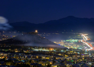 End of Fireworks Show over the Rock in Castle Rock Colorado with Majestic Pikes Peak in Background at the Annual Starlighting Ceremony