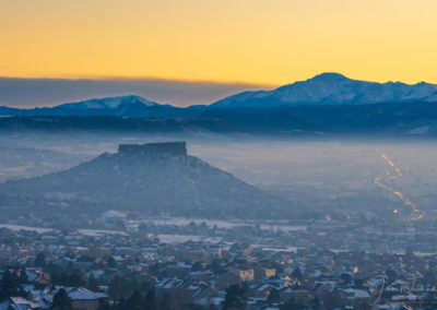 Sunset Photo of Castle Rock and Pikes Peak with Haze and Fog