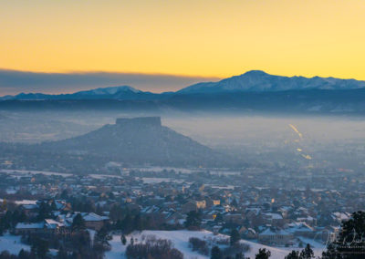 Sunset Photo of Castle Rock Valley and Pikes Peak with Haze and Fog
