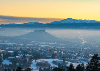 Dusk Photo of Castle Rock Valley and Pikes Peak with Haze and Fog