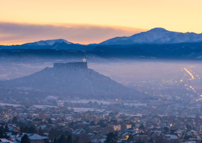 Dusk Photo of Castle Rock Star and Pikes Peak with Haze and Fog