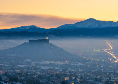 Evening Photo of Castle Rock Star and Pikes Peak with Haze and Fog