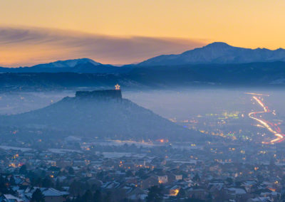 Pano Photo of Illuminated Castle Rock Star and Pikes Peak with Haze and Fog