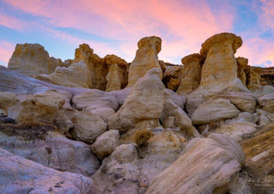 Photo of beautiful sunset over spires and hoodoos at Colorado Paint Mines